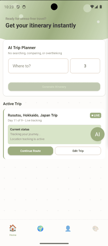Meezi app home screen showing trip planning interface
